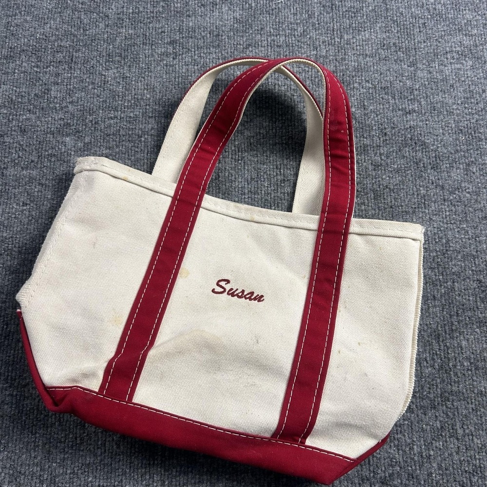 LL Bean Boat and Tote Bag Small Natural Red Canvas Monogram Susan Open Top